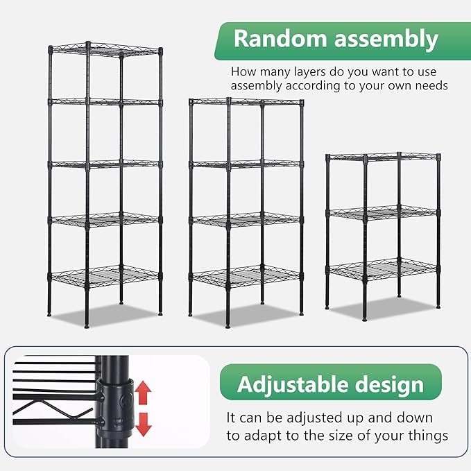 FDW 17L x 12W x 48H Wire Shelving 5 Tier Adjustable Metal Shelves NSF Pantry Shelves Storage Rack Shelving Units for Kitchen Garage Small Places Commercial,Black
