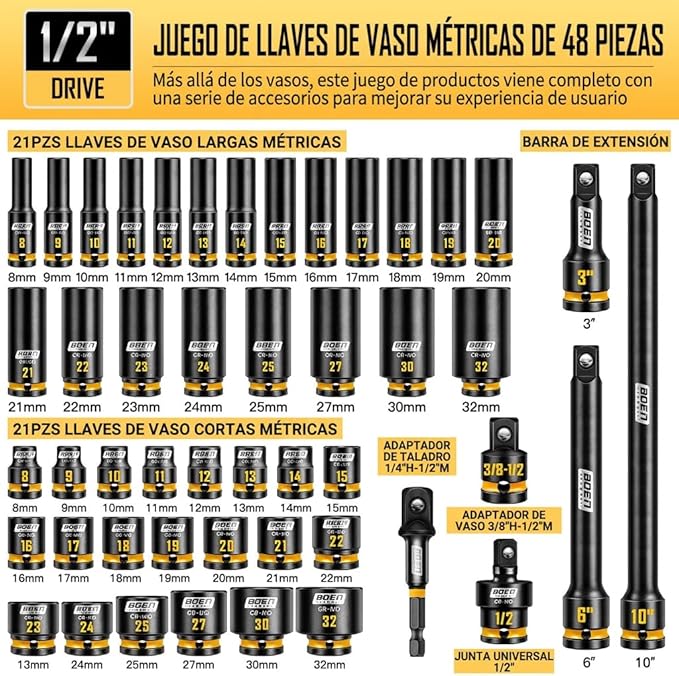 boen 48PCS 1/2” Drive Metric Socket Set, Impact Deep&Shollow Socket(8mm-32mm), for Lug Nut Use, 6-Point with Yellow Embossed Marking, CR-MO