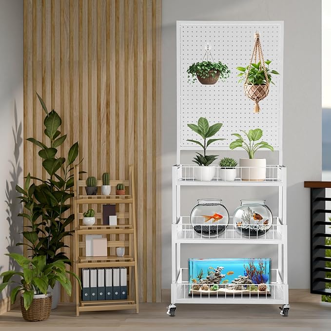 NectaCol Pegboard Panels, 3-Tiers Metal Pegboard Display Stand with Peg Board Panel, Standing Pegboard Display Rack, Craft Show Display, Art Display and Retail Display Stand with 10 Hooks - White