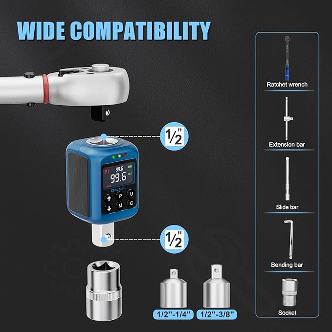 Digital Torque Adapter 1/2", 1.5-99.6 Ft-lb/2-135 Nm, Digital Torque Wrench Converter with ±2% Accuracy, Buzzer and LED Indicator, 2 Modes, 4 Units, 3/8'' & 1/4'' Adapters for Car, Moto