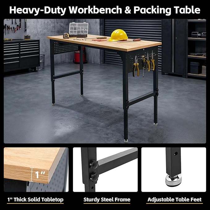 60" Heavy-Duty Garage Workbench, 2300LBS Capacity Work Table with Power Strip, Work Bench for Garage, Workshop, Office, Warehouse & Home