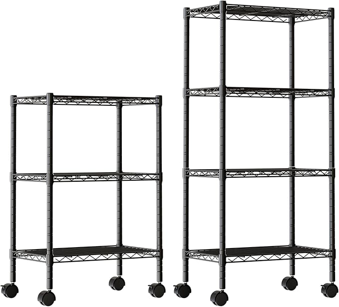 DUMOS 2 Pack 3Tier 4Tier Metal Shelving, Heavy Duty Shelves Wire Shelving Unit with Removable Wheel Casters, Shelves Organizer for Bathroom Garage Living Room Kitchen Pantry Laundry