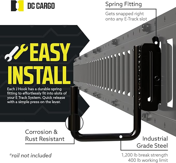 DC Cargo - E Track J Hooks (2" - 6 Pack) - Vertical E Track Accessories - Hanging Hooks for Your ETrack Rail System - Use in Enclosed Trailers, Box Trucks, Vans, Garage, Workshop & Warehouse