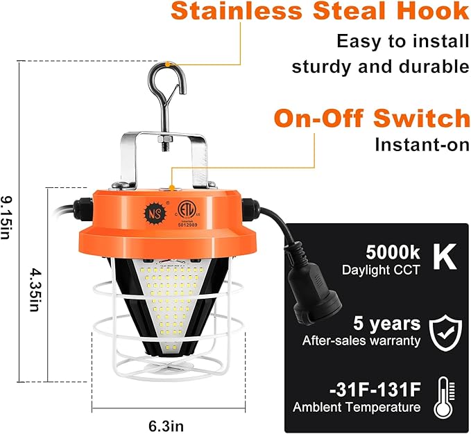 NS 100W Led Temporary Work Light 15000LM Construction Lights 5000K Daylight White Portable Hanging Work Lights for Outdoor Indoor Garage Shop High Bay Warehouse Lighting