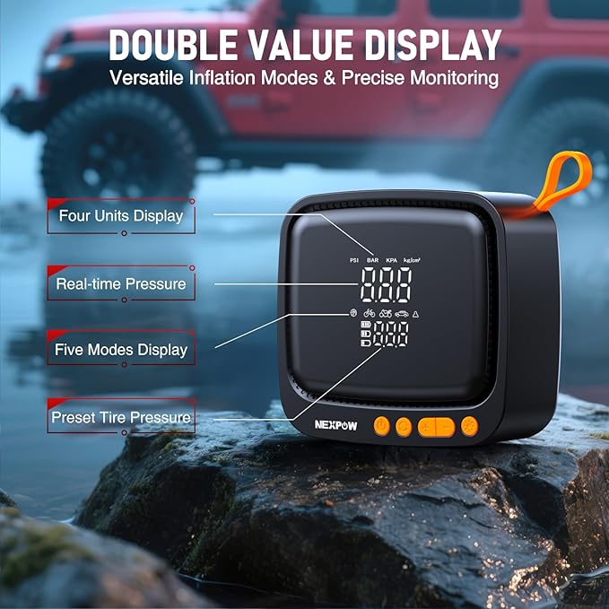 NEXPOW Tire Inflator Portable Air Compressor, 180 PSI Cordless Air Pump for Car Tires with Digital Pressure Gauge & Auto Shut-Off, Air Compressor Portable for Car, Motorcycle, Bicycle, Ball, Orange