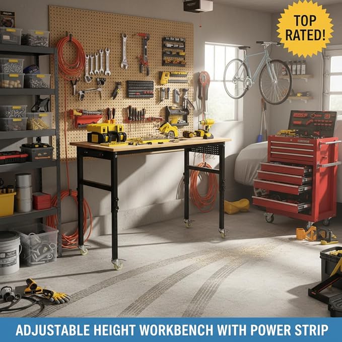 48" Adjustable Workbench with Power Outlet, 8-Levels Height Adjustable Work Table, Rubber Wood Heavy Duty Workbenches with Wheels & Pegboard for Garage Office Workshop Home Commercial
