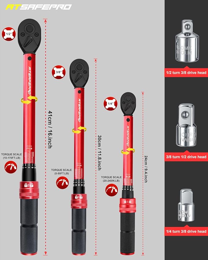 ATsafepro Torque Wrench Set-1/4 20–240 in-LB, 3/8" 5–50 ft-lb,1/2" 10–170 ft-lb with 3 Socket Adapters,±3% Accuracy, Dual Scale, 72-Tooth, Dual-Direction for Car, Bike, Motorcycle Repair Maintenance