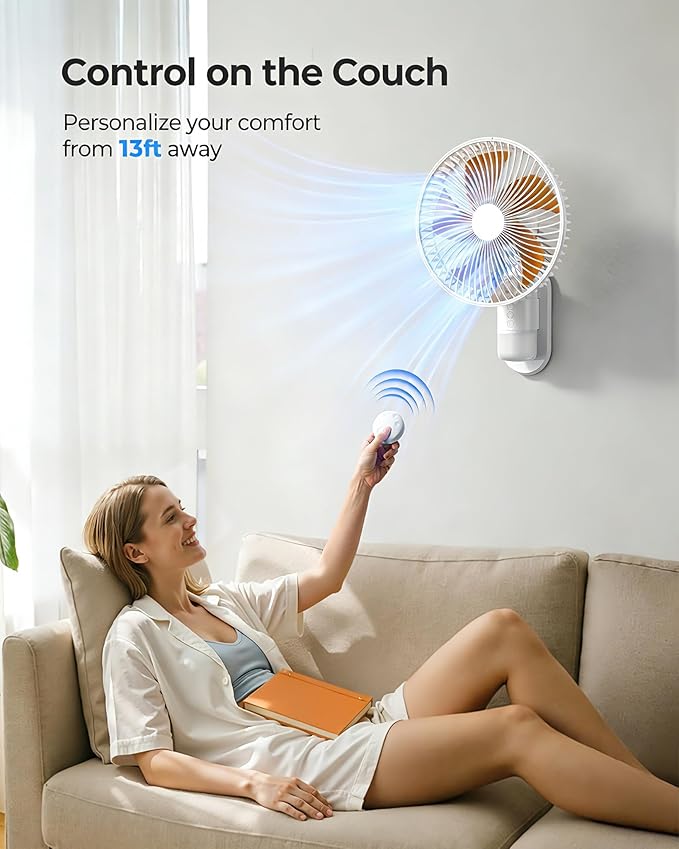 Airbition 10” Wall Mount Fan with Light and Remote Control, 90°Oscillating, 4 Speeds, Timer, Included 120° Adjustable Tilt, High Velocity, 78Inch Cord, for RV Bedroom Home Office Garage