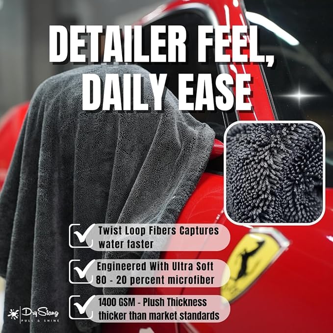 Premium DryStang Car Drying Towel, 1400 GSM Extra Large 24"x36" Double Sided Microfiber Drying Towel Car Truck, Durable XL, Ultra Absorbent Drying Towel, No Lint, No Scratch, No Water Spots, No Streak