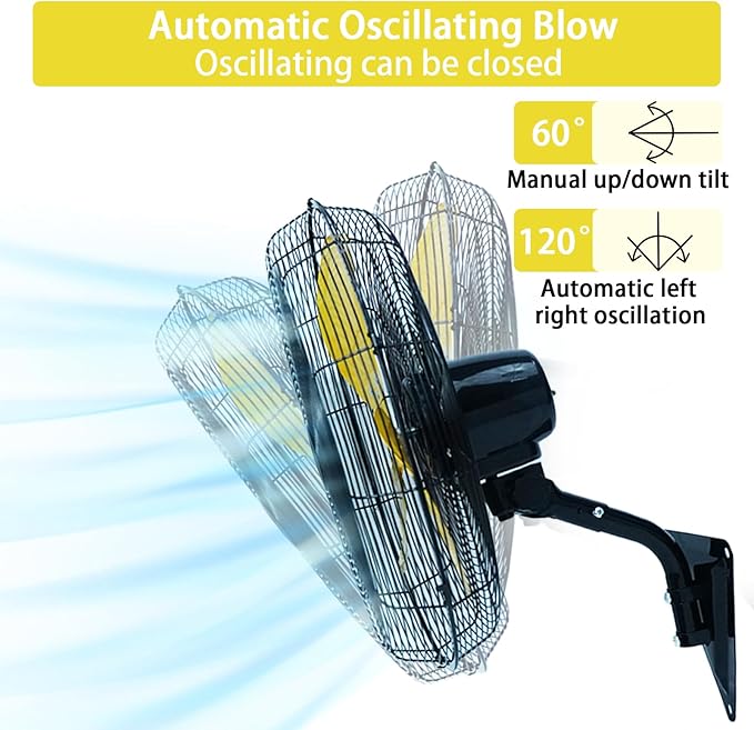 AZOUTDOOR Wall Mount Fan, 20" Oscillating Wall Fan with 7000CFM, 3-Speed, Upgrade Motor High Velocity Industrial Fans for Commercial, Garage, Residential and Patio Use, Yellow