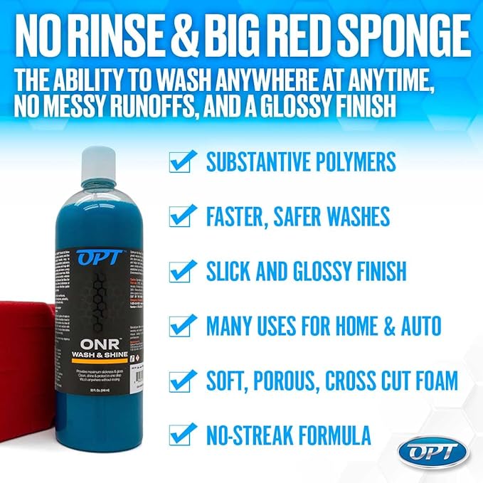 Optimum No Rinse Version 5 (32 Oz) and Big Red Sponge (BRS) Car Cleaning Kit, ONR Rinseless Car Wash and Wash Sponge for Washing and Auto Detailing