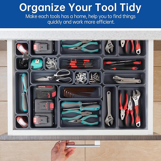 45 Pack Tool Box Organizer Tray, 3-Sizes Tool Box Organizers And Storage, for Hammer, Wrench, Screw, Small Parts Toolbox Organization, Tool Cart Chest Garage Drawer Organizer Tray, Grey