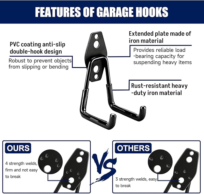 17 Pack Garage Hooks, Garage Wall Hooks with 3 Extension Cord Straps, Garage Heavy Duty Wall Mount Utility Hooks for Hanging Ladders, Garden Tools, Bikes, Hoses, Bulky Items