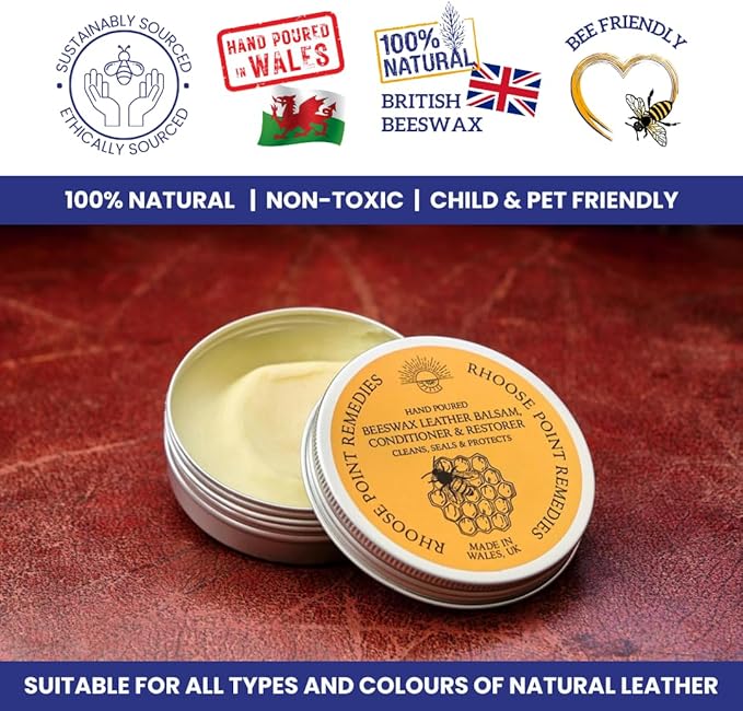 Beeswax Leather Conditioner Restorer & Polish - Hand Poured British Beeswax Balsam CLEANS SEALS and PROTECTS Handcrafted in Wales UK Rich Natural Leather Conditioner and Leather Restorer 3.50 Fl Oz