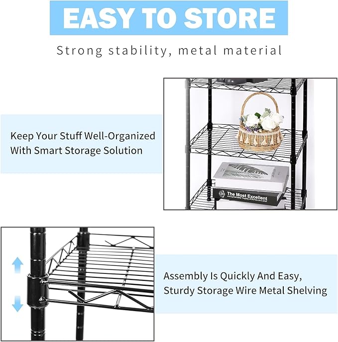 SUNLPH 6-Tier Wire Shelving Adjustable Shelves Unit Metal Storage Rack for Laundry Bathroom Kitchen Pantry Closet Organization (Black, 16.6" L x 11.4" W x 64.6" H)