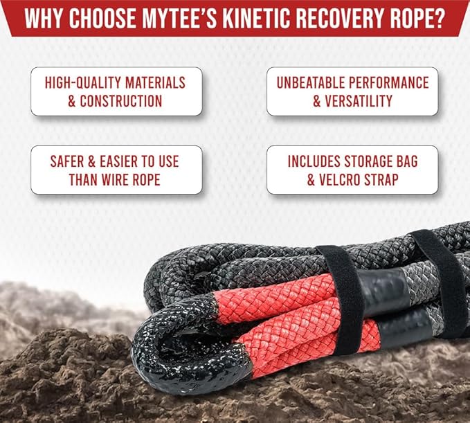 Mytee Products 7/8" x30' Kinetic Recovery Rope w/Velcro Strap & Tote Bag - 28,600 LBS Red & Black - Heavy Duty Kinetic Energy Tow Rope - Offroad Snatch Strap for Truck, SUV, UTV, ATV, Car, Tractor