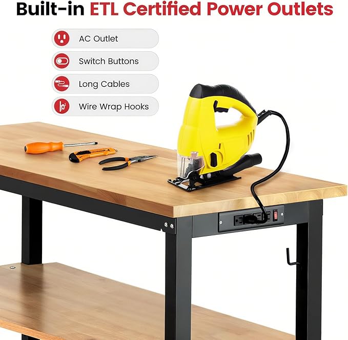 ENJOYWOOD 48" x 20" Heavy Duty Workbench Adjustable Height Garage Work Table with Solid Rubberwood Top, Double Layer Shelf, Pegboard & Power Outlets for Workshop, Home & Office