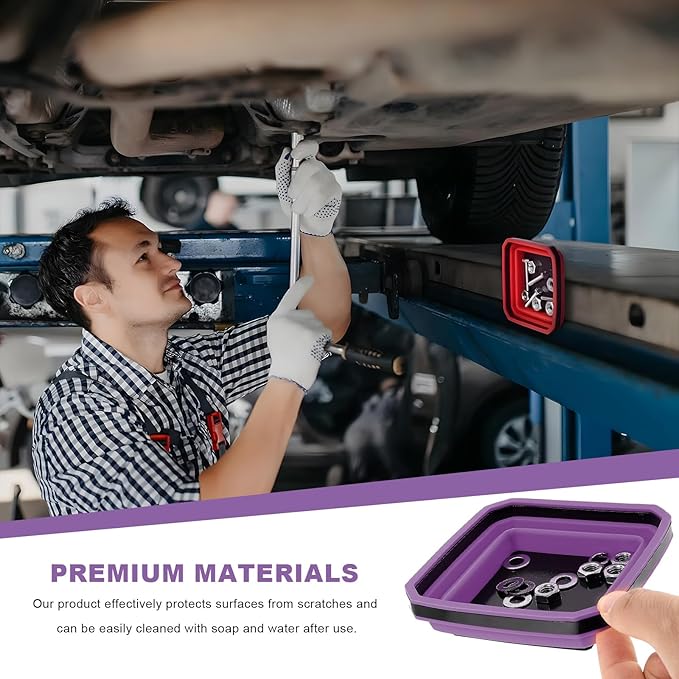 Collapsible Magnetic Parts Tray, 4.5" Square Silicone Metal Parts Organizer Double-Sided Magnet Bowl, Foldable Magnetic Tool Trays for Screws Bolts Nuts Washers Pins (Purple)