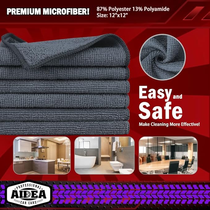 AIDEA Microfiber Cleaning Cloth Grey 10PK, Micro Fiber Cloth for Cleaning Cars, Premium All Purpose Car Towels, Dusting Cloth Cleaning Rags SUVs, House, Kitchen, Window, Workshops, 12"×12"