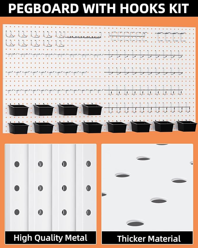 INCLY 158PCS Metal Pegboard Wall Organizer, 48x24 Inch White Pegboard Panels Tool Organizer Kit with Accessories Hooks and Bins, Peg Board Utility Tool Storage for Garage Workbench Shed