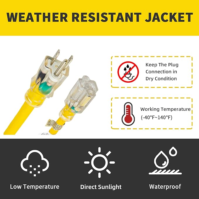 Indoor Outdoor Extension Cord Weatherproof with Lighted End, UL Certified, 12 Gauge 100FT Yellow 3 Prong Heavy Duty, 12/3 SJTW 15A Power Cord for Outdoor Lights, Lawn