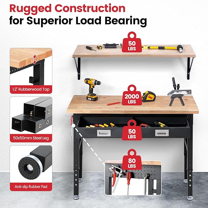 ENJOYWOOD 48" x 24" Heavy Duty Workbench Adjustable Height Garage Work Table with Solid Rubberwood Top, Drawer & Power Outlets for Workshop, Home & Office