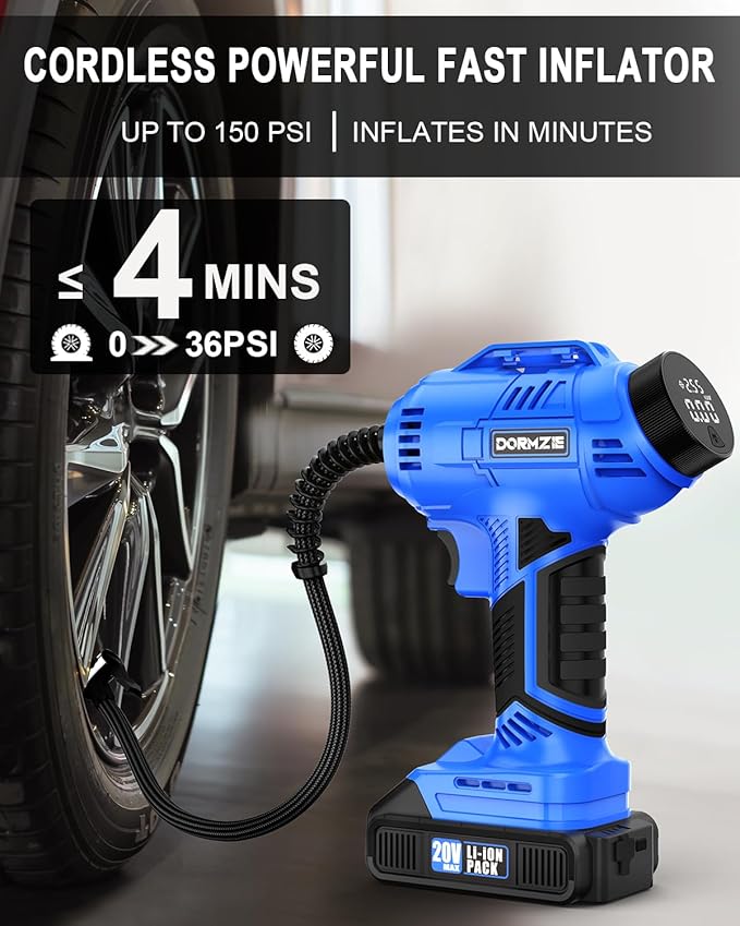 DORMZIE Cordless Tire Inflator Portable Air Compressor, 150 PSI Handheld Air Pump for Car Tires with 20V Rechargeable Battery, 12V Car Power Adapter, Digital Display, Ball, Motorcycle, Bike Pump