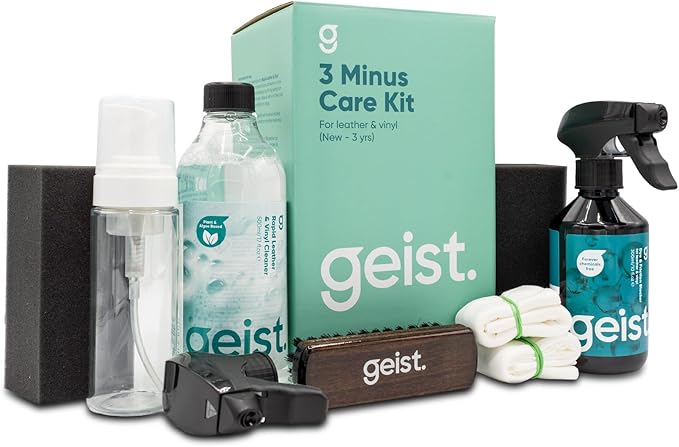 Geist. 3 Minus Care Kit for Leather & Vinyl | Clean and Shield from dye Transfer & Abrasion Damage | for car Interior, Furniture, Apparel, Shoes and Bags