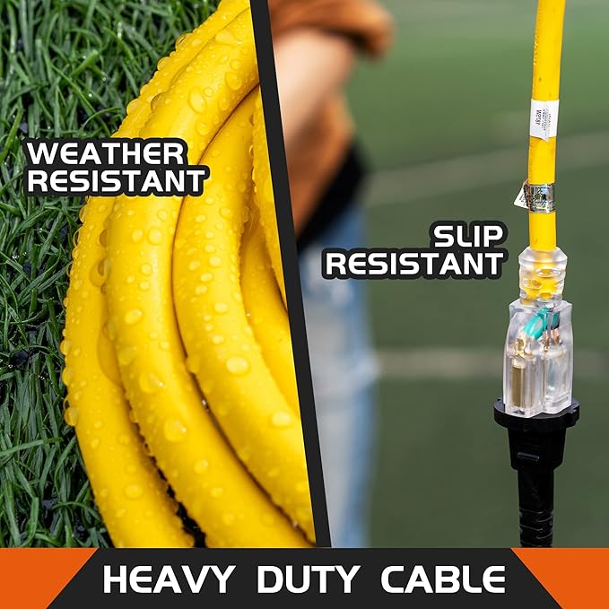 Indoor Outdoor Extension Cord Weatherproof with Lighted End, UL Certified, 12 Gauge 100FT Yellow 3 Prong Heavy Duty, 12/3 SJTW 15A Power Cord for Outdoor Lights, Lawn