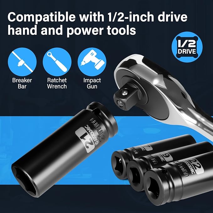 5 PCS Metric Impact Socket Set 1/2" Square Drive,Deep 15mm, 17mm,19mm,21mm,22mm Allen Sockets,CR-MO Alloy Steel,6 Point Radius Corner Design,Rugged Construction,With Storage Red Case