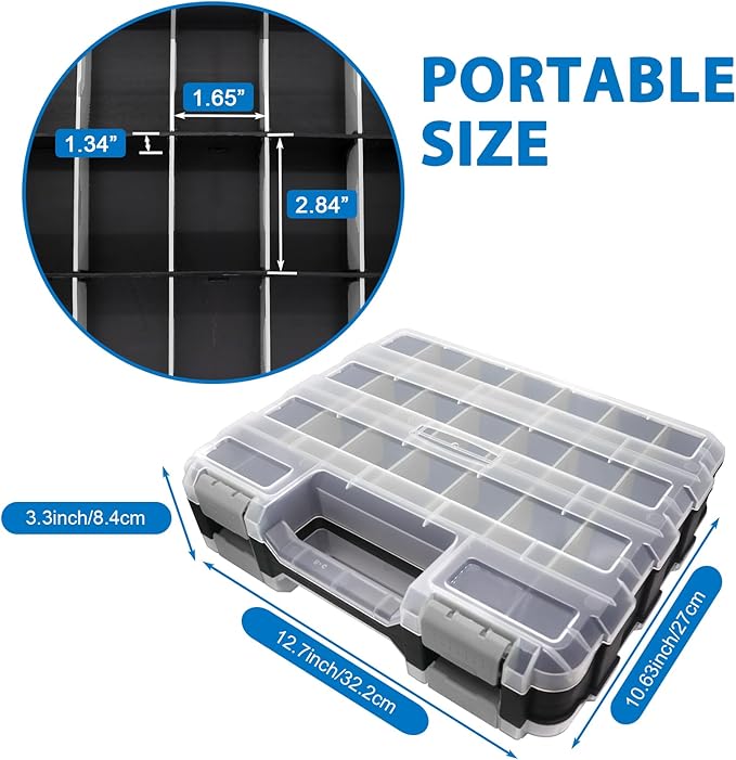 Double Side Tool Box Organizer, Hardware Storage Box, Portable Small Parts Organizer with Removable Plastic Dividers for Screws, Nuts, Nails, Bolts, Gray