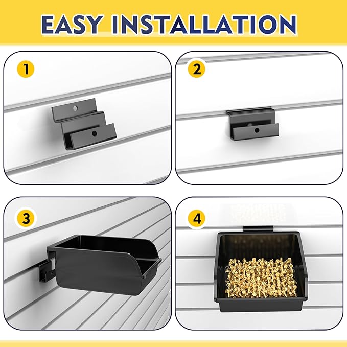6 Pack Slatwall Bins with Hooks Plastic Slatwall Organizer Slatwall Containers Workbench Bins for Slat Wall Organizing Hardware, Garage, Craft Room, Tool Shed, Hobby Supplies (6, Black)