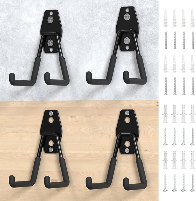 HUHOLE Heavy Duty Garage Storage Hooks (4-Pack) for Bikes & Ladders - 80lbs Capacity Wall Mount Organizer with Anti-Slip Coating & Multi-Wall Anchors