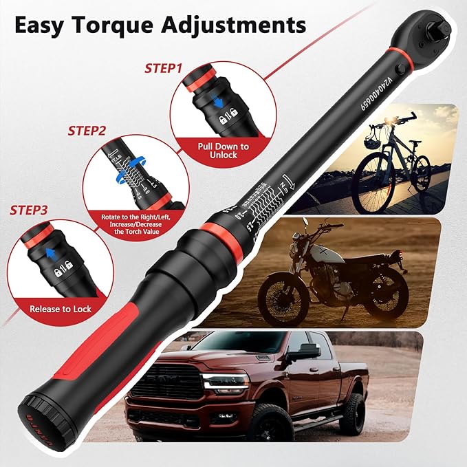 VANPO Torque Wrench 3/8-Inch Drive 10-100 Ft-Lb/13.6-135.5Nm Click Type for Motorcycle, Car & Small Machinery Maintenance - TPR+ABS Handle, ±3% Precision, 72-Tooth Ratchet,with Portable Case