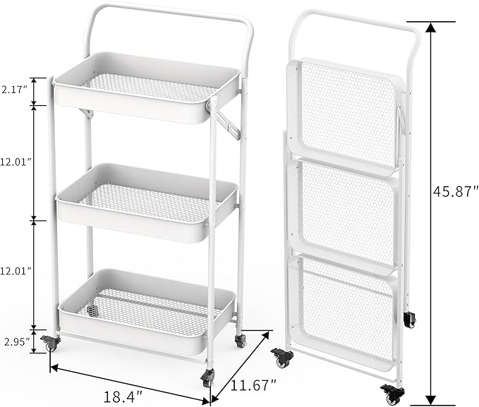 JAQ Foldable Rolling Cart, 3-Tier No Assembly Metal Utility Cart with Handle, Heavy Duty Folding Storage Trolley Organizer on Wheels for Kitchen, Office, Craft Art, Baby Diaper, Snacks, Books, White