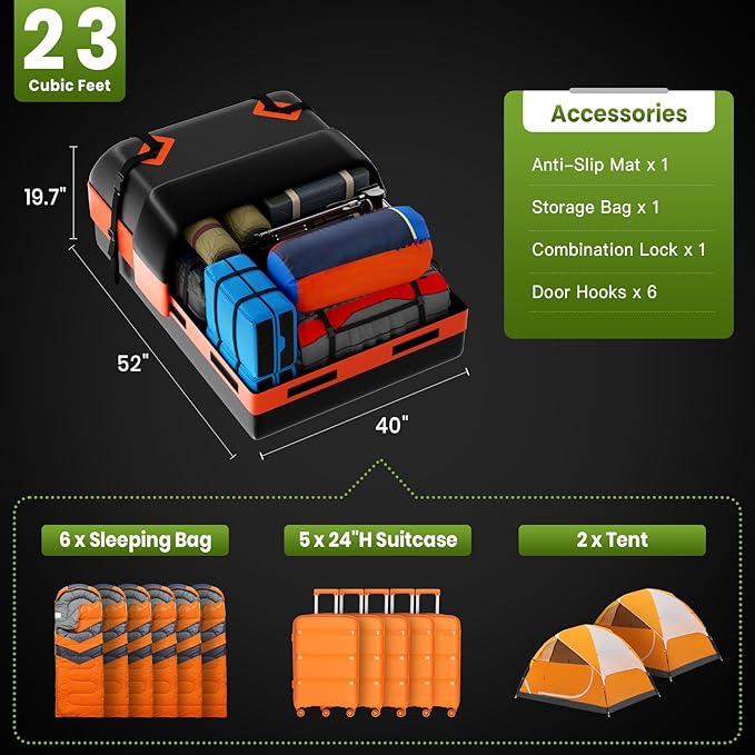 APTY 23 Cubic Feet Car Rooftop Cargo Bag Carrier, Soft Roof Top Luggage Bag for All Vechicles with/Without Racks - with Waterproof Zip, Luggage Lock, Anti-Slip Mat, Storage Bag, Door Hooks
