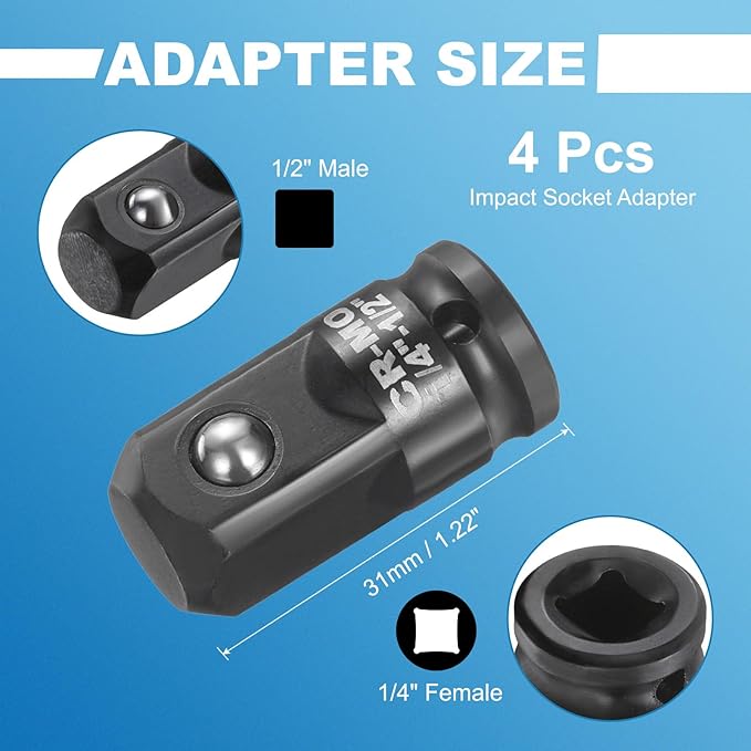 HARFINGTON 4pcs Impact Socket Adapter 1/4" Female to 1/2" Male Square Drive Increaser Standard SAE CR-MO Steel Converter Impact Driver Ratchet Wrench Breaker Bar Conversion, Black