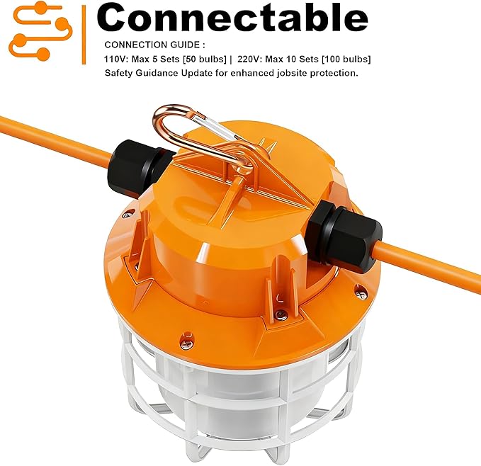 NS 100FT Construction String Lights 150W LED Industrial Grade 15000LM 5000K IP65 Linkable for Construction Sites, Temporary Work, Renovation, Jobsite,All Outdoor Lighting, with 10 Bulbs and Hook
