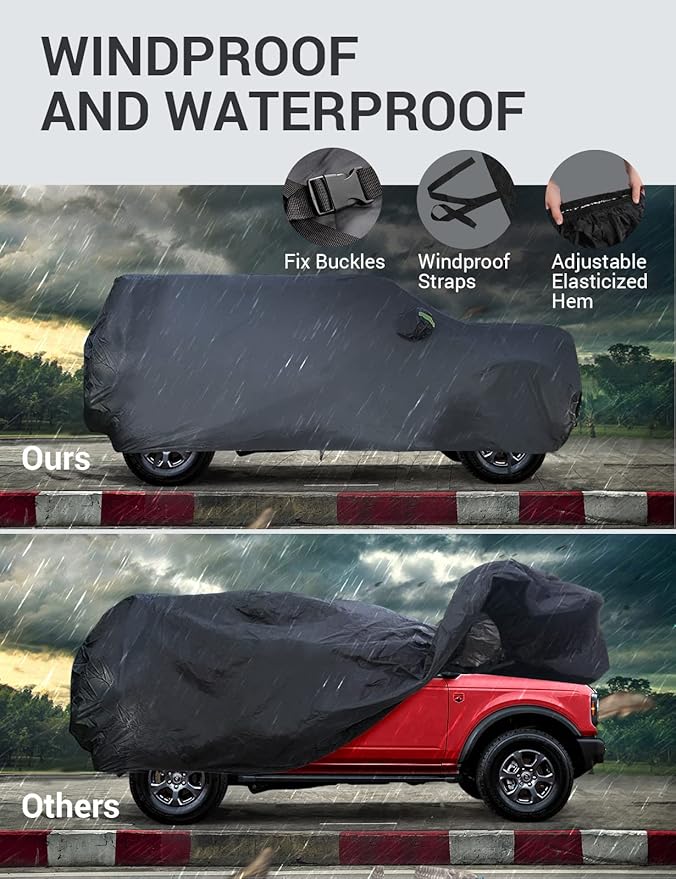 Proadsy Car Cover Compatible with Ford Bronco 2 Door 2021-2024 2025 2026 Windproof All Weather Waterproof Sun Rain UV Dust Snow Protection Outdoor Covers