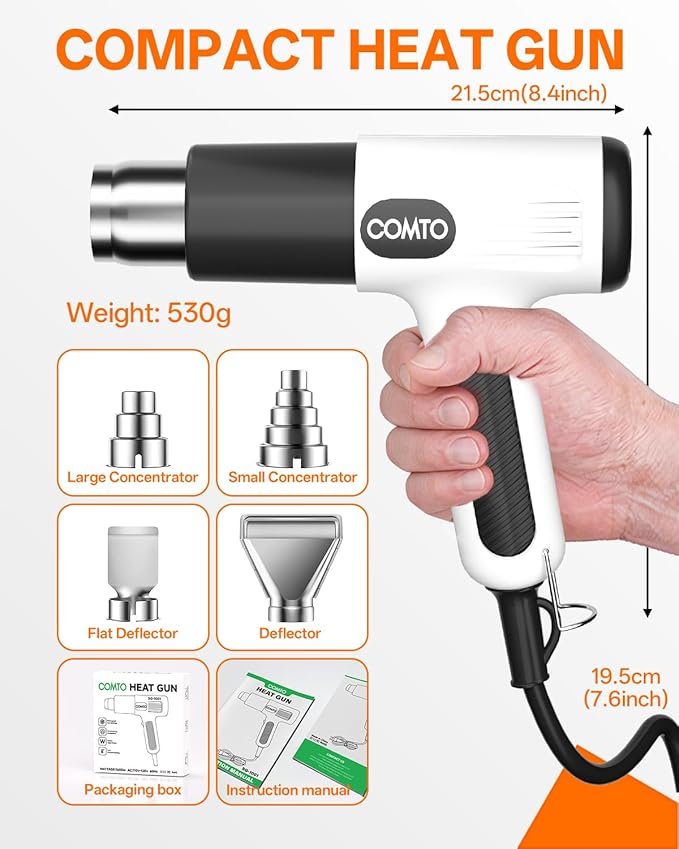 1600W Heat Gun, Hot Air Gun with 2 Temp Settings, 4 Nozzles, Overheat Protection, for Shrink Tubing, Shrink Wrap, Crafting, Resin, and DIY Projects - White