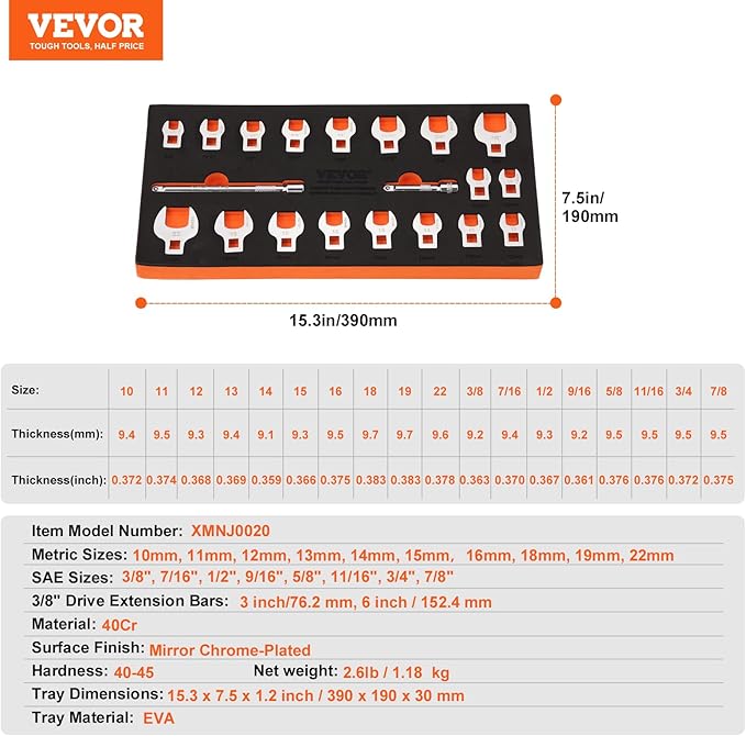 VEVOR Crowfoot Wrench Set, 3/8" Drive 20-Piece Crows Foot Wrench Set with 2 Extension Bars and EVA Tool Organizer,40CR Material with Mirror Chrome Finish, SAE 3/8"-7/8" and Metric 10-22 mm