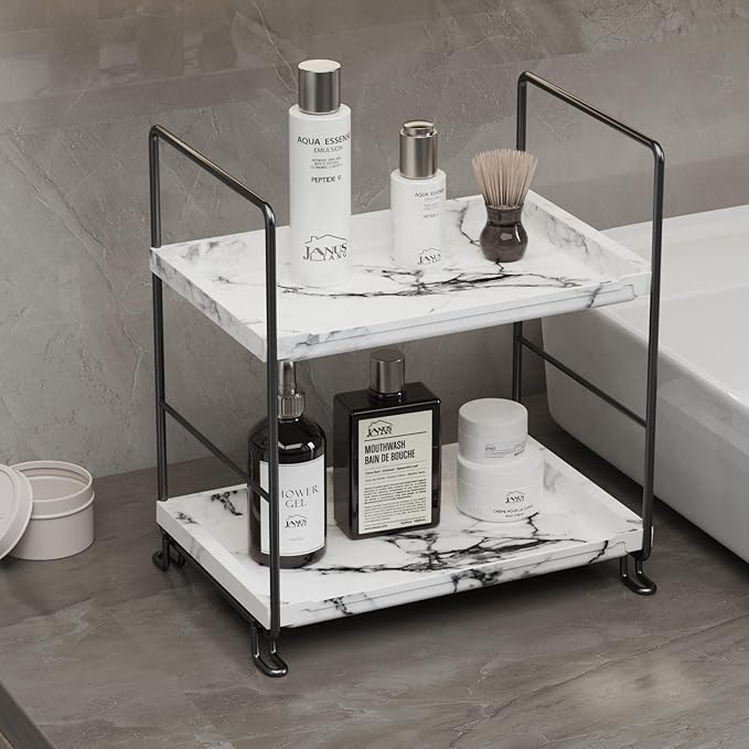 Kitchen Organizer,Small Spice Rack,Bathroom Organizer, Countertop Makeup Shelf Cosmetics Storage Display Rack Vanity Shelf,PP Imitation Marble Design,Tool-Less Install.(Black,2-Tier)