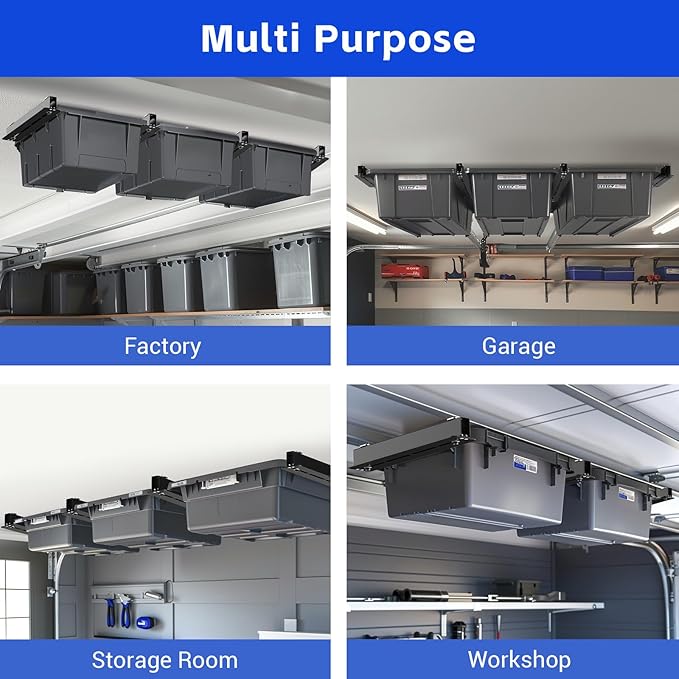 3 Pack Overhead Storage Bin Rack, Ceiling Racks for Utility Bins Organization, Heavy Duty Rack Ceiling Garage Storage for Supports Most Bins Container (for 2 Bins, Bins are not included)