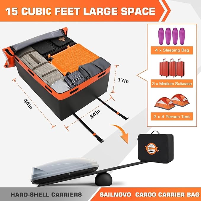 Sailnovo Rooftop Cargo Carrier 15 Cubic, Waterproof Car Roof Bag Soft-Shell Carriers Top Luggage Storage with Slip Mat, 4 Door Hooks & Heavy-Duty PVC for All Vehicle Roof with/Without Rack Cross Bar