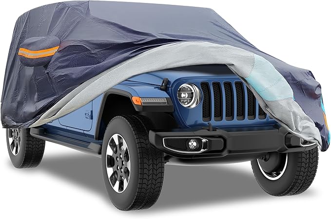 Car Cover Waterproof 4 Door, All Weather for Automobiles, Outdoor Full Exterior Cover Rain Sun UV Snowproof Protection with Zipper Cotton, Mirror Pocket for Jeep Covers Fits JK JL TJ YJ CJ