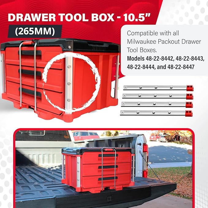 Alpha Engineered Threaded Replacement Packout Rails -10.4" (265mm) Compatible with Milwaukee Packout Drawer Tool Boxes (48-22-8442, 8443, 8444, 8447) - Aluminum Rails - Fits Packout Accessories-Silver