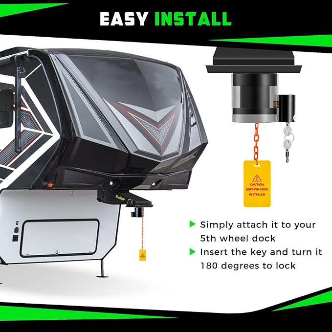 BYERN AUTO 5th Wheel King Pin Lock, Heavy Duty King Pin Lock with Anti-Theft Warning Tag & 2 Keys for RVs, Container Trailers and Campers, Extremely Durable (Black)