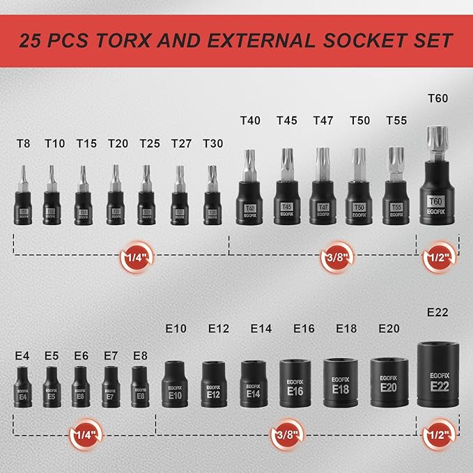 25 Piece Torx Bit and Socket Set, 13 Star Bits (T8- T60) & 12 E-Torx Sockets (E4-E22), Professional Grade Auto & Motorcycle Mechanic Set