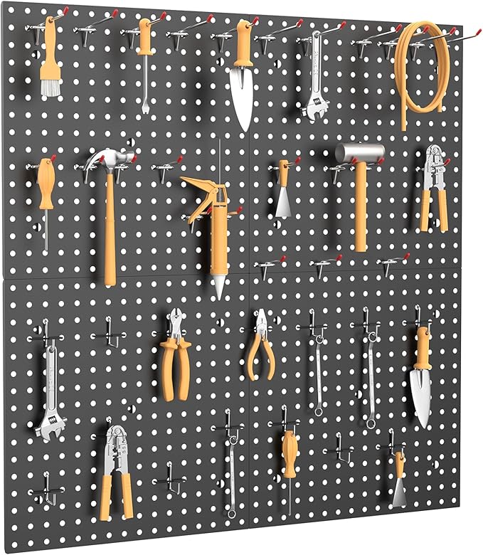 WALMANN 4 PCS 16" x 16" Metal Pegboard Panels for Wall Garage Tools Pegboard for Garage, Workbench, Peg Board Tool Organizer Board(Pack of 4, Black)