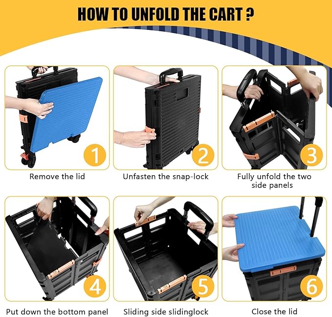 Foldable Utility Cart Folding Portable Rolling Crate Handcart Handcart Shopping Trolley Wheel Box with Lid,360°Rotate Wheels,Heavy Duty Durable Dolly Cart for Teacher Tourist Shopping Office Outdoor